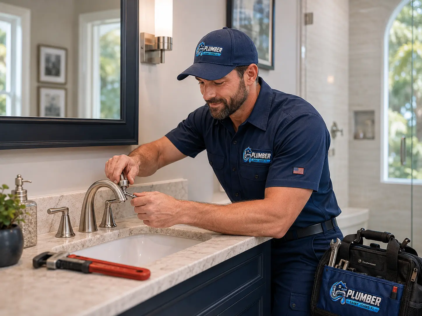 Plumber repairing a bathroom faucet