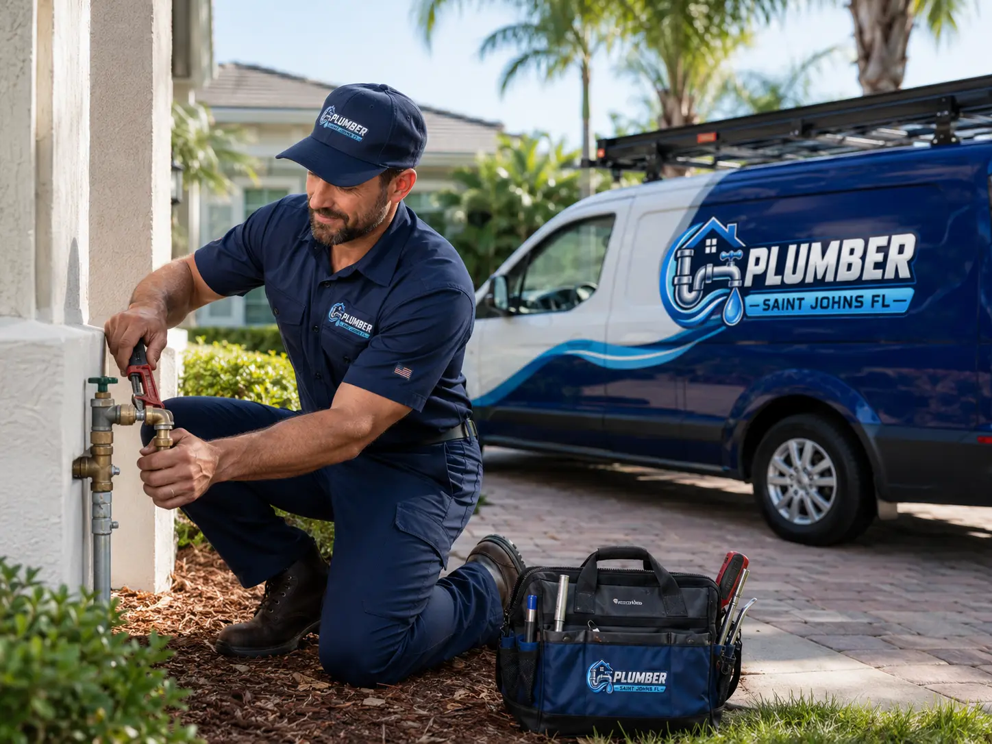 Plumber shutting off an outdoor water valve