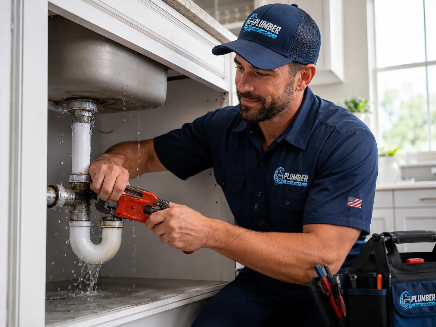 Plumber repairing a pipe under a kitchen sink