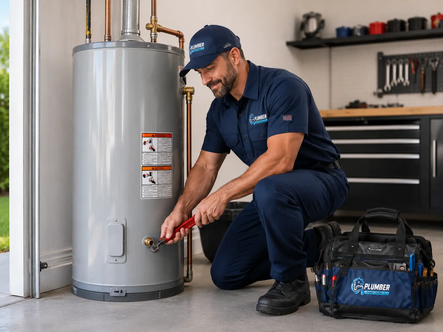 Plumber servicing a tank water heater