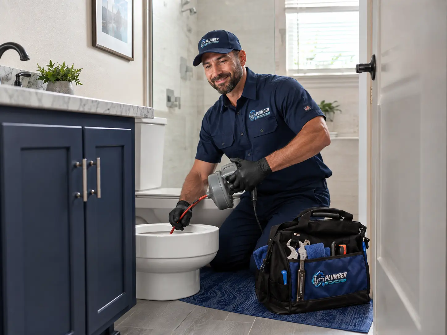 Plumber clearing a clogged toilet drain line