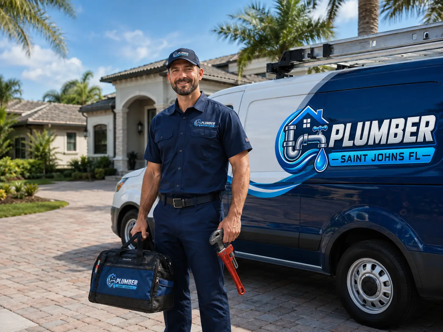 Plumber standing beside a service van in a driveway