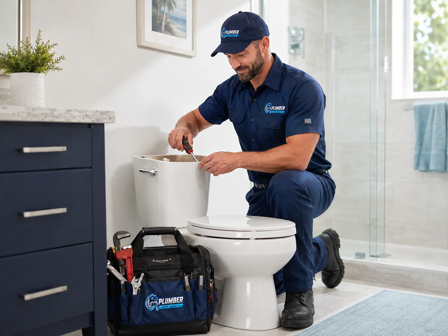 Plumber repairing the fill valve inside a toilet tank