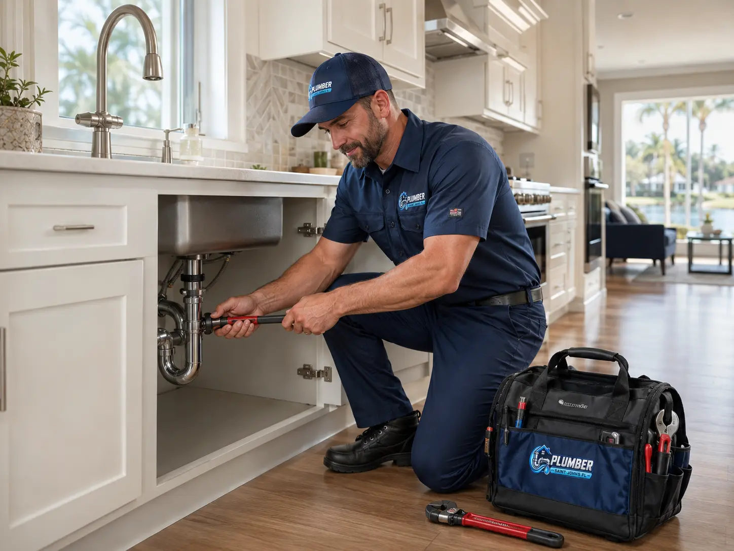 Plumber working on drain piping beneath a kitchen sink